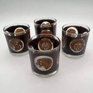 M Dia Safari Animal Glass Tumblers Set of 4 Brown Textured Faces EUC